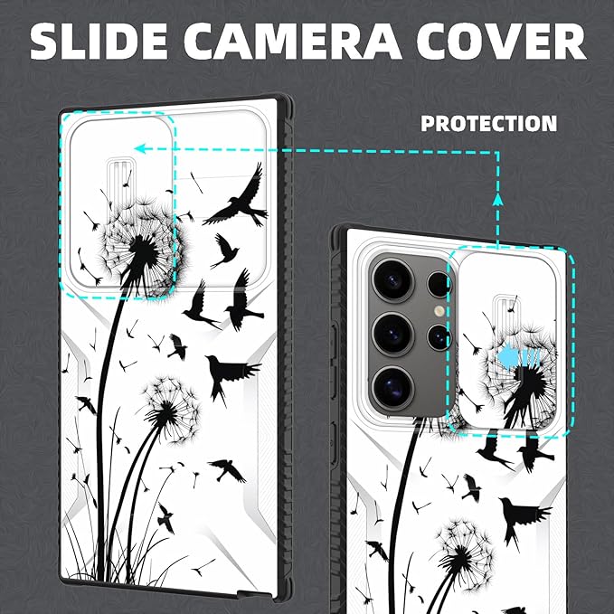 for Galaxy S25 Ultra Case Built in Slide Camera Lens Cover,Heavy Duty Shockproof Protection Dual Layer Case for Samsung Galaxy S25 Ultra 6.9" 2025,Dandelions and Birds