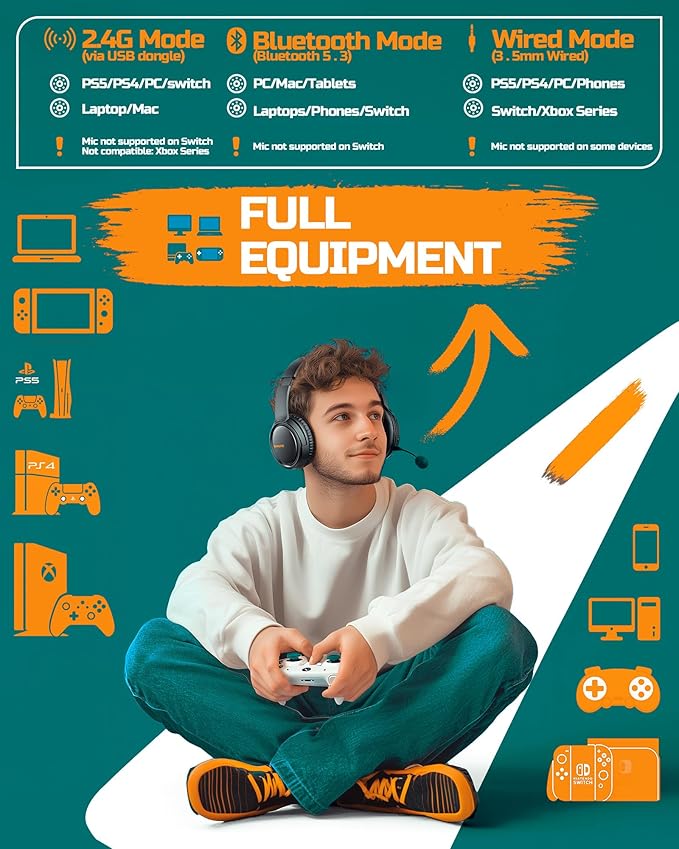 BINNUNE Wireless Gaming Headset — 2.4GHz Low-Latency USB Dongle + Bluetooth, 50mm Drivers 7.1 Surround, Noise-Cancelling Mic, 40H Battery — Over Ear Wireless Headphones for PS5, PC, Laptop, Orange