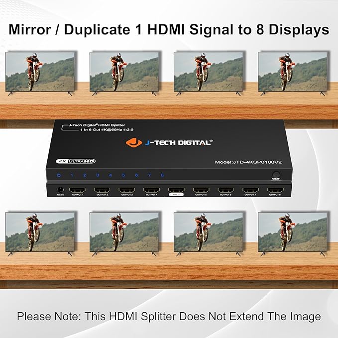 HDMI Splitter 1 In 8 Out 4K 60Hz Premium Quality 4K Ultra HD, HDMI Splitter for Multiple Monitors Duplicate/Mirror by J-Tech Digital [JTD4KSP0108]