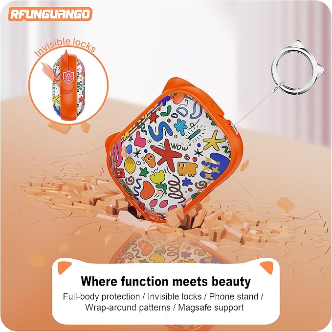 RFUNGUANGO AirPods Pro Case for Women Girly Cat Case with Lock, Phone Stand, Keychain & Cleaner Kit, Compatible with Apple Airpods Pro 2nd/1st Generation Case Cover, Orange Graffiti
