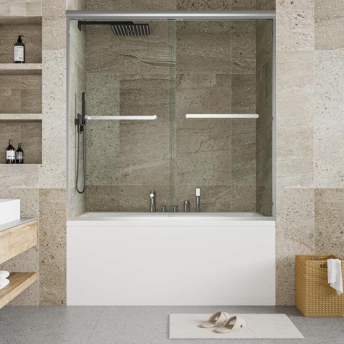 Shower Doors Glass Sliding 56-60 Inch W× 59 Inch H– Brushed Nickel Frame Sliding Glass Shower Door for Bathtub Use, 6mm Tempered Glass, Modern Shower Enclosure for Small Bathroom Upgrade