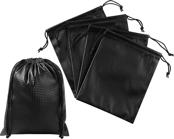 PALTERWEAR Tech-Weave PU-Coated Drawstring Bags (Set of 5) Water-Resistant, Directional-Stretch Travel Organizers for Goody Bag, Toiletries, Tech Gear, Charger - Wipe-Clean (Black 3D, 6 x 8 Inch)