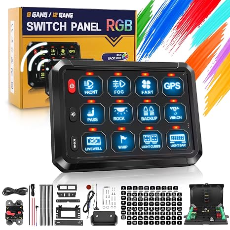 BraveWAY 12 Gang Switch Panel RGB Wireless Automatic Dimmable Control Pod Multifunction Push Button Car LED Touch Switch Box Universal for Truck SUV Pickup UTV ATV Boat Marine, 2 Years Warranty