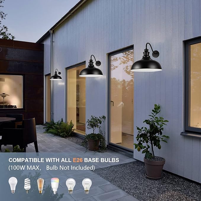 Barn Light Outdoor, 20 Inch Dome Exterior Light Fixture Outside for House, Farmhouse Outdoor Wall Mount Light in Black Finish for Porch, Entryway, Garage, Streetway, RZ015 BK-2PACK