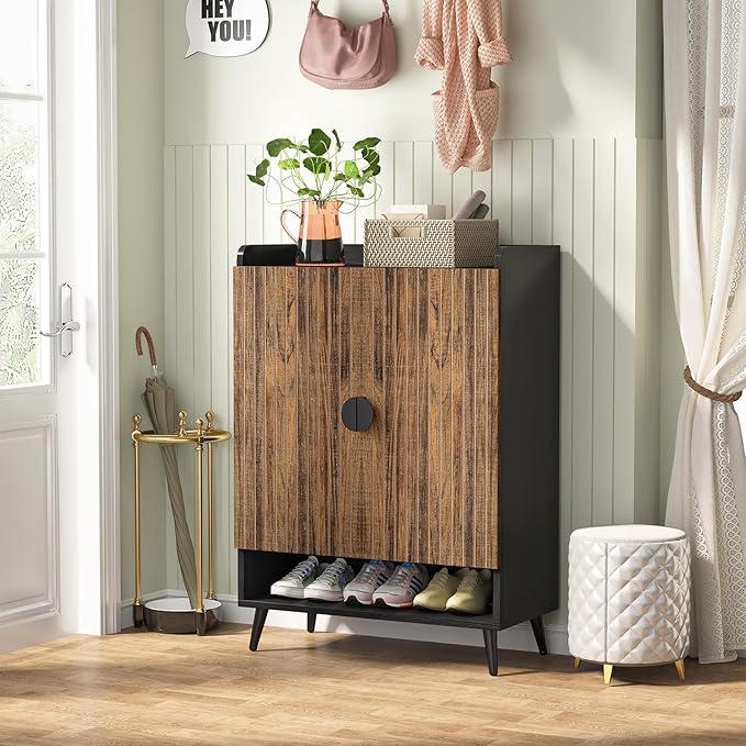Tribesigns Shoe Cabinet with Doors, 7-Tier Shoe Storage Cabinet with Adjustable Shelves, Wooden Shoes Rack Shoe Storage Organizer for Entryway, Hallway, Closet, Living Room, Rustic Brown