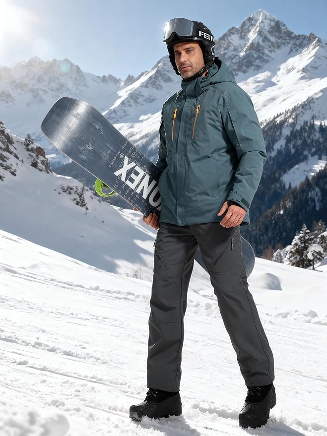 FREE SOLDIER Men's Fleece Lined Outdoor Cargo Hiking Pants Water Repellent Softshell Snow Ski Pants with Zipper Pockets