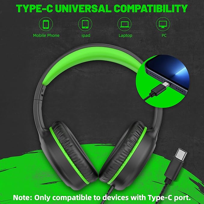 Wired Headphones with Type C Cable for Boys Girls Kids Youth, USB-C Headphones Lightweight Portable Compatible with Pad Phone for Adults Student Children Black Green