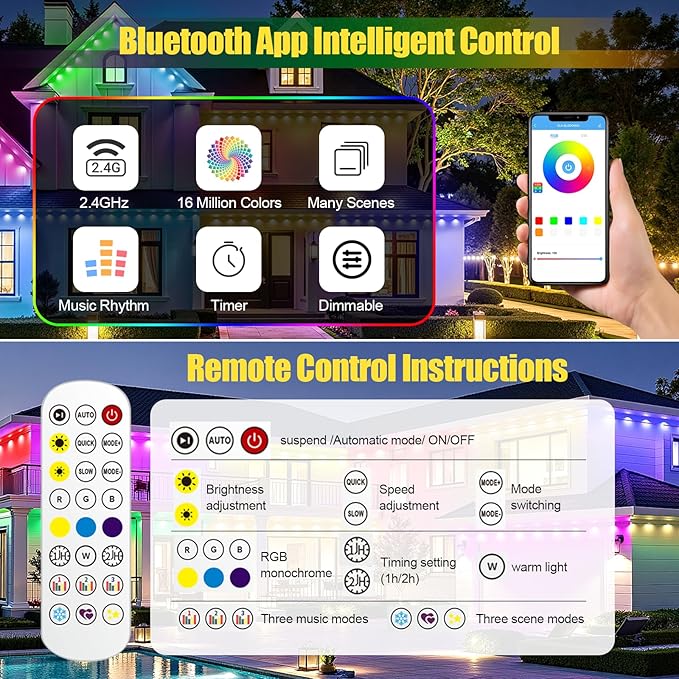 Permanent Outdoor Lights for House, 300ft RGB+IC Smart LED Eaves Lights, IP67 Waterproof Outdoor Lighting with App/Remote Control for Christmas, Halloween, Holiday, Daily, Party