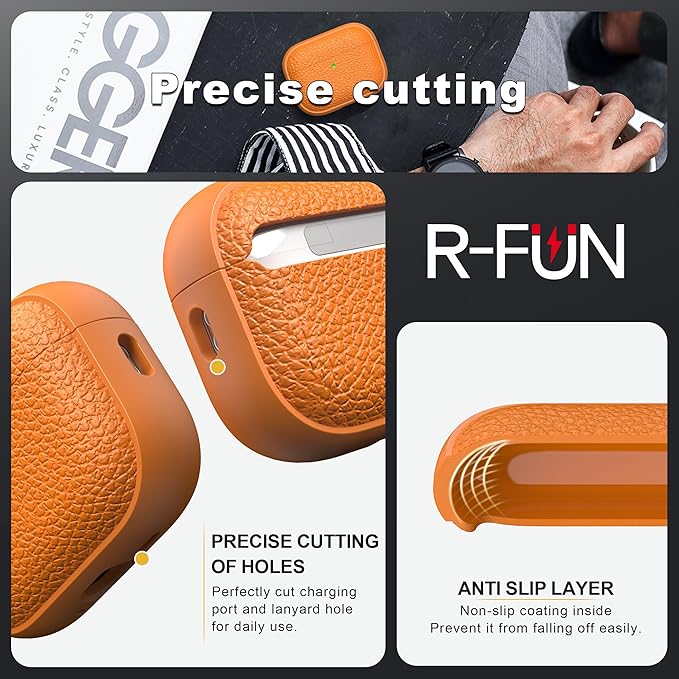 R-fun for AirPods Pro 3 Case 2025, Soft TPU (Leather-Like Design) Drop Protection Cover for Men and Women with Lanyard and Cleaner Kit, Compatible with Apple AirPods Pro 3rd Generation-Orange