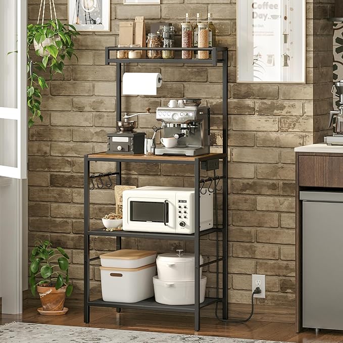 Bakers Rack with Storage, Microwave Stand with Paper Holder, Bakers Rack with Power Outlet, Coffee Bar Station with 6 Hooks, for Kitchen, Dining Room, Rustic Brown and Black BRHR36E01
