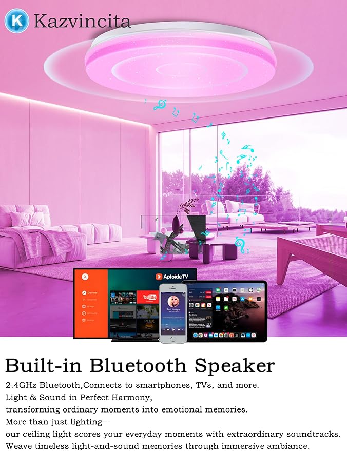 BT-Version LED Ceiling Light with Speaker 40W 12Inch Music Ceiling Lamp with Remote Control Adjustable Brightness & Color Temperature RGB Ambient Lighting for Kids Room Bedroom and More