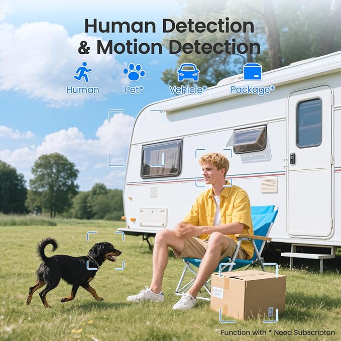 4G Cellular Wireless Outdoor 360° View Security Camera, No WiFi Needed, SIM Included, Solar & 9000 mAh Battery, 2K, PIR Alerts, Night Vision, IP65, SD/Cloud Storage