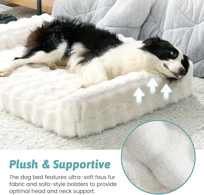 Faux Fur Orthopedic Dog Bed, Large Dog Bed, Supportive Foam Pet Sofa with Waterproof Lining Cover, Washable U-Shaped Pet Couch with Anti-Slip Bottom Design, Beige XL 42x30x7 inch
