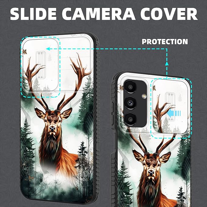 for Galaxy A15 5G Case Built in Slide Camera Lens Cover,Heavy Duty Shockproof Protection Dual Layer Case for Samsung Galaxy A15 5G 6.5 inch 2024,Forest Deer