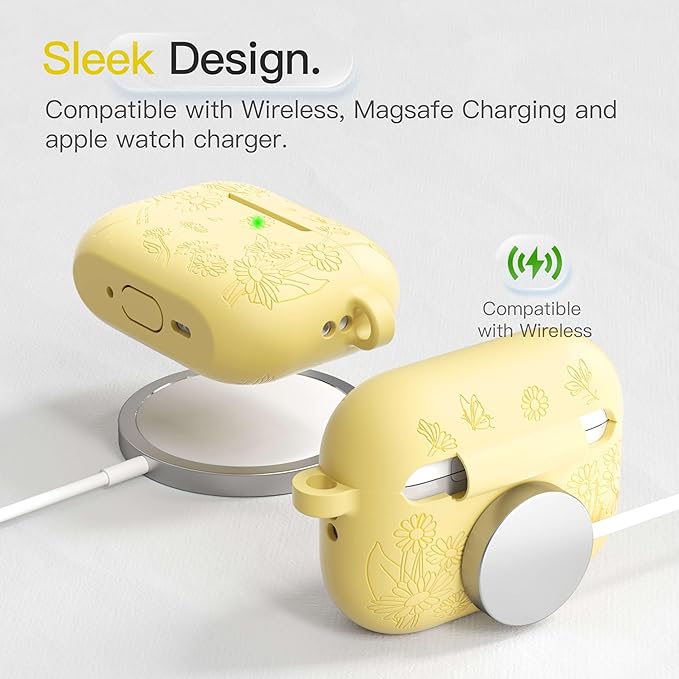 for AirPods Pro 3 Case (2025) DamonLight Daisy Floral Engraved Shockproof Protective Soft Silicone Case Cover with Cleaning Pen and Keychain for Apple Airpods Pro 3rd Generation(Yellow)