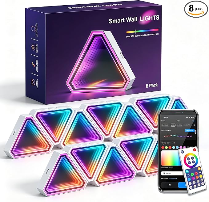 JSqianCH 8 Pack Triangle RGB LED Wall Lights, 3D Tunnel Effect Smart Light Panels with App, Remote and Music Sync, DIY Modular Gaming Lights for Bedroom, Game Room and Streaming Setup
