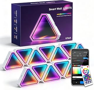 JSqianCH 8 Pack Triangle RGB LED Wall Lights, 3D Tunnel Effect Smart Light Panels with App, Remote and Music Sync, DIY Modular Gaming Lights for Bedroom, Game Room and Streaming Setup - Image 1