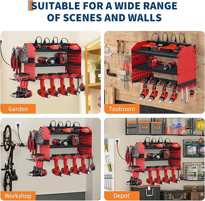 Power Tool Organizer, Drill Holder Wall Mount with Charging Station, Heavy Duty 3-Layer Power Pool Storage with 8 Outlets, 4 Drill Storage Shelf with Hooks, Battery Storage Holder for Garage