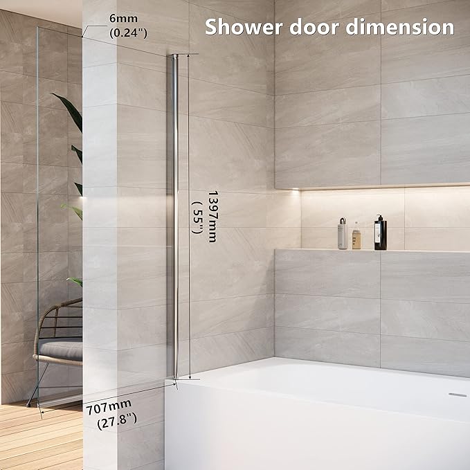 Shower Door Swing Bathtub Screen,30 *W x 55*H in Bathtub Shower,Bathroom Door with Bottom Seal,Liftable and Foldable Glass Door,Rectangular Bathtub Screen
