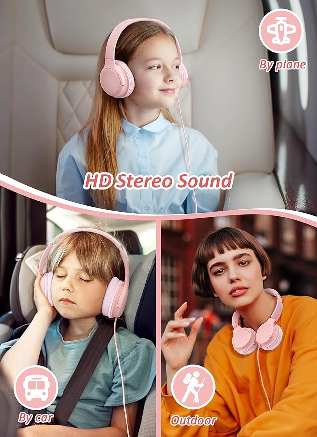 DyBaxa Over-Ear Foldable Pink Kids Headphones, Volume Limiter 94dB Over-Ear Foldable Blue Kids Headphones, Volume Limiter 94dB
