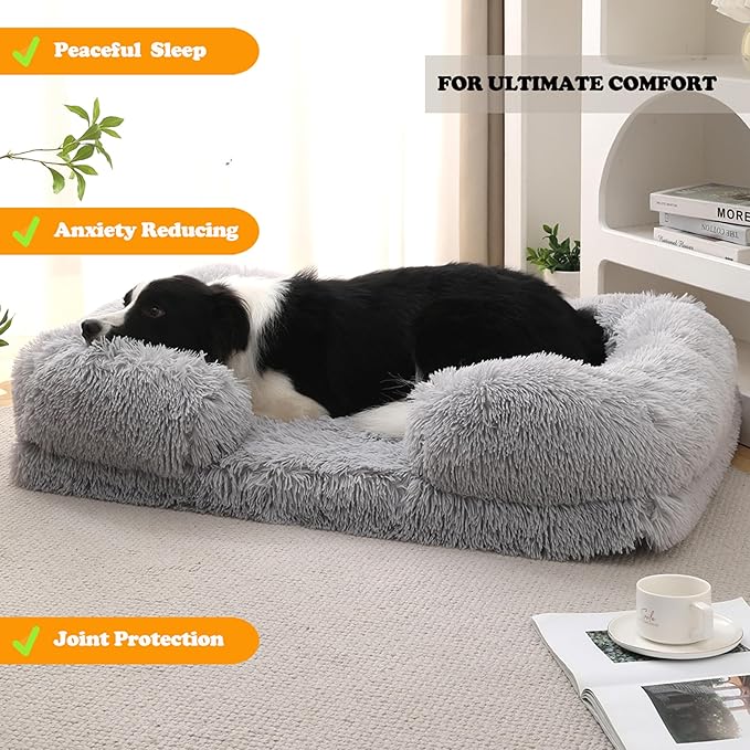 Orthopedic Dog Bed for Medium Dogs - Washable Memory Foam Pet Sofa, Fluffy Plush Rectangular Bed, Waterproof Anti-Anxiety Couch, Light Gray, M