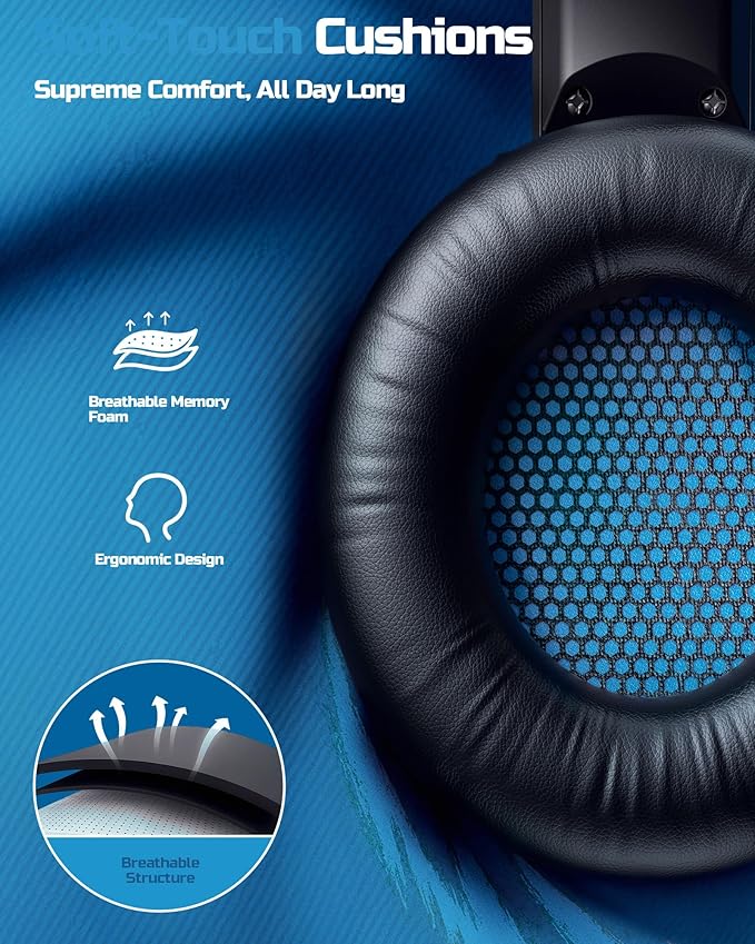 BINNUNE Wireless Gaming Headset — 2.4GHz Low-Latency USB Dongle + Bluetooth, 50mm Drivers 7.1 Surround, Noise-Cancelling Mic, 40H Battery — Over Ear Wireless Headphones for PS5, PC, Laptop, Blue