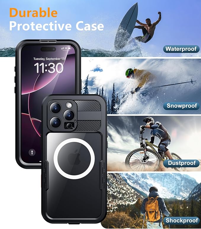 Red2Fire Magnetic for iPhone 16 Pro Max Case Waterproof, [Built-in Screen Protector][Compatible with MagSafe] [Full Body Shockproof] [Dustproof] Heavy Duty Rugged Phone Cover 6.9" Black