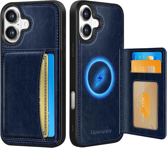 for iPhone 16 Wallet Case - Fits 4 Card Slots, Compatible with MagSafe for Women Aesthetic Durable PU Leather Credit Card Holder Kickstand Phone Cover for Apple 16, Blue