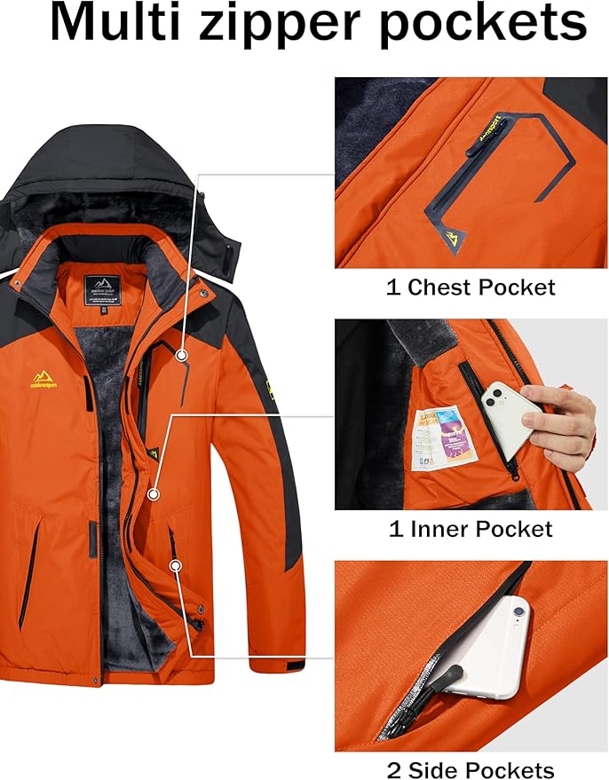 MAGCOMSEN Men's Winter Coats Water Resistant Ski Snow Jacket Warm Fleece Jacket Parka Raincoats With Hood Multi-Pockets