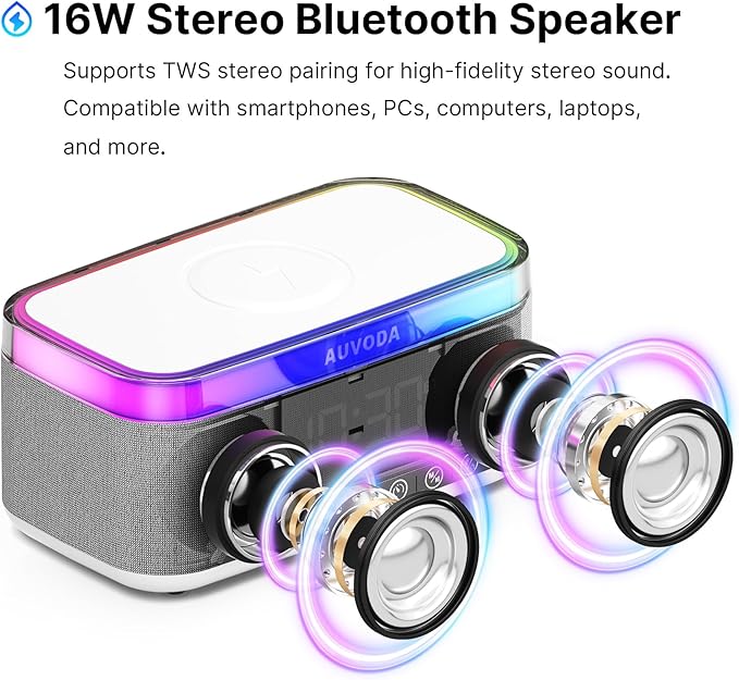 S300 16W Stereo Bluetooth Speaker with 15W Fast Wireless Charging, 13-Color Night Light, Alarm, White Noise, FM Radio, Portable, TWS, BT5.3, for PC, Smartphone, Home, Office & Bedroom (White)