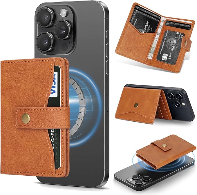 Ultra-Thin Magnetic Wallet Card Holder for iPhone and All MagSafe Protective Cases，Premium PU leather, powerful magnetic closure, stand function, 6 card slots (brown)