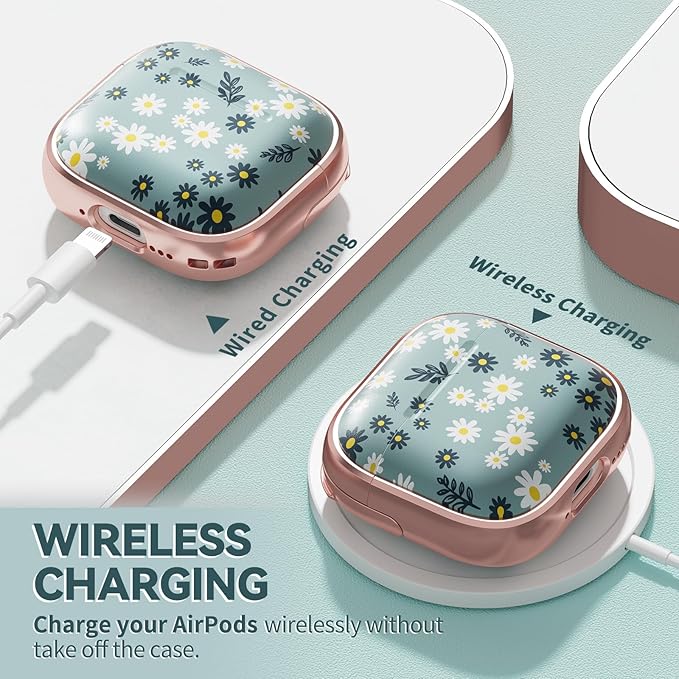 Inesore with Safety Lock for AirPods 4 Case,Clear Floral Cute AirPod 4th Generation Case for Women Girly with Cleaner Kit and Keychain- Green Daisy Flowers