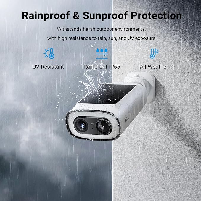 TCL 2K Solar Security Camera Wireless Outdoor, Built-in LED Light with Removable Battery Camera, Local Storage, No Subscription Cameras Compatible with Alexa, Ideal for Home Security