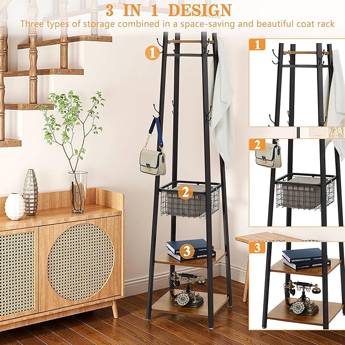 VECELO Coat Rack Freestanding,Hall Tree with Metal Basket and Storage Shelves,Industrial Coat Rack Stand with 8 Hooks for Hanging Coats/Hats/Bags/Umbrellas,18 x 18 x 72 In,Vintage Brown