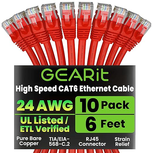 GEARit Cat 6 Ethernet Cable (10-Pack 6 Feet) Cat6 Network Patch, 10Gbps, RJ45, Snagless Cord, Gold-Plated Connectors, Internet for PC, TV, Tablet, Router, Printer, Servers, IT Data Center - Red