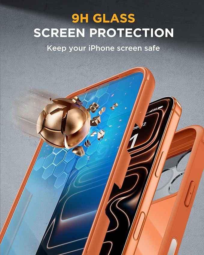 Miracase for iPhone 17 Pro Case with 360 Spin Magnetic Stand, Full-Body Phone Case with Built-in Glass Screen Protector & Camera Control, Drop Proof iPhone 17 Pro Cover, Orange