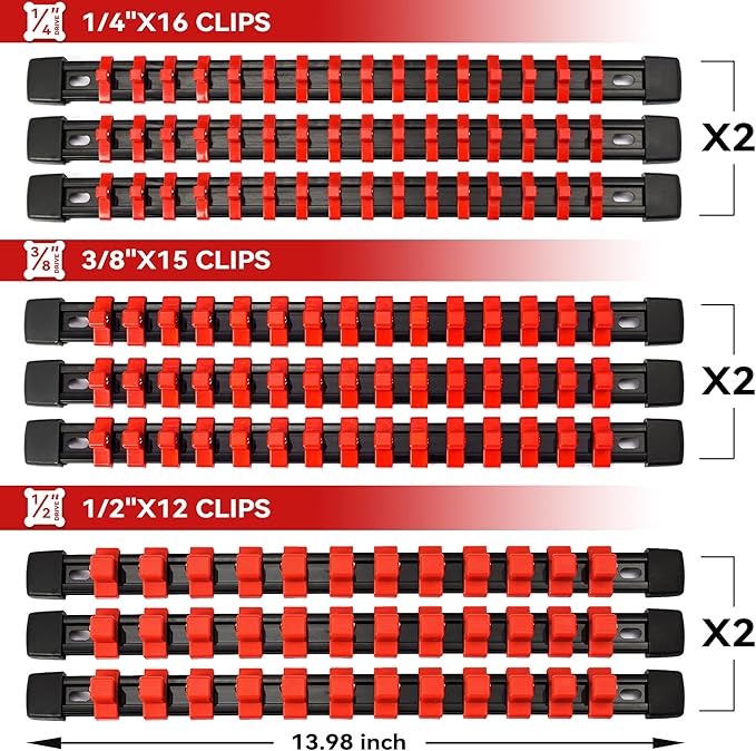 ALOANES 18PC ABS Socket Organizer, Socket Rails Fit 1/2 inch, 3/8 inch and 1/4 inch Drive, toHeavy Duty Socket Holders Hold up to 258 Sockets, Black Rails with Red Clips