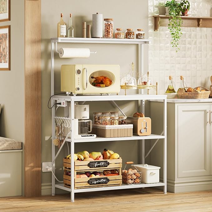 Huuger 4-Tier Bakers Rack with Reversible Power Outlet, 31.5 Inch Microwave Stand with Paper Towel Holder, Kitchen Bar, Larger Storage with Top Shelf, 6 S Hooks, White