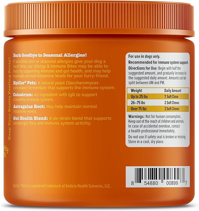Zesty Paws Dog Allergy Relief Chews, Dog Probiotics for Itchy Skin and Ears, Salmon, 90ct