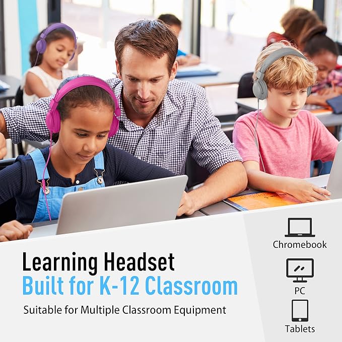 AILIHEN HD850 Classroom Headphones for Kids K-12 Students, School Wired Headphones with Microphone & 85dB Volume Limited & Sharing Function for Chromebook (Rose)