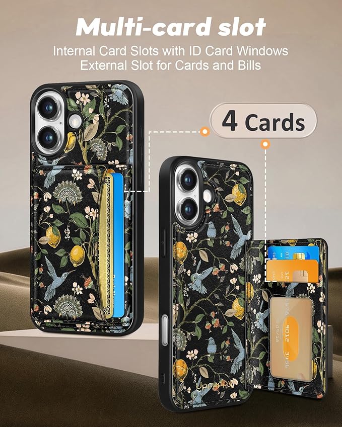 for iPhone 17 Case with Wallet - Fits 4 Card Slots, Compatible with MagSafe for Women Aesthetic Durable PU Leather Credit Card Holder Kickstand Phone Cover for Apple 17, Lemon Bird