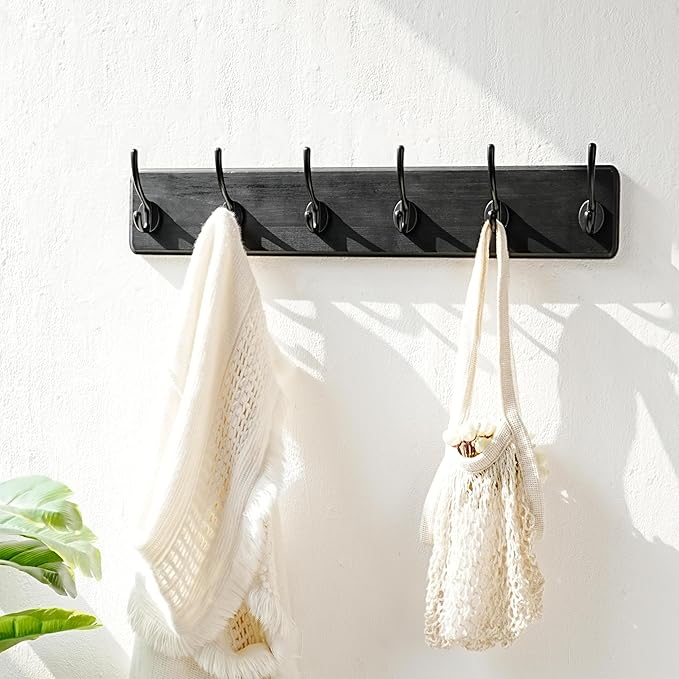 Dseap Coat Rack Wall: 24" Long, Patented, Heavy-Duty, 6-Double-Hooks Wooden Wall Mounted Coat Rack Coat Hanger Hook Rail for Winter Coats Hat Jacket Clothing, Black