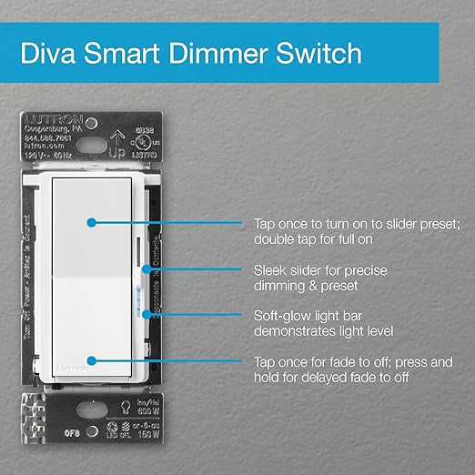 Lutron Diva Smart Dimmer Light Switch for Caseta Lighting (Lutron Smart Hub Required), for LED Lights, 150W, Single-Pole/3-Way, No Neutral, Ivory (DVRF-6L-IV)