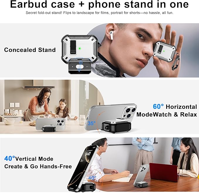 RFUNGUANGO Compatible with Airpods Pro Case 2nd / 1st Generation Protective Case, Compatible with MagSafe, with Cleaning Kit & Keychain,Phone Stand,Magnetic Automatic Lock, Visible LED, White