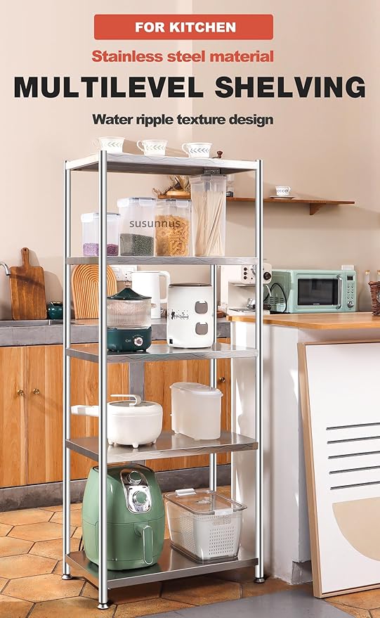 susunnus Stainless Steel Shelves 23.6in-4 Tier, Stainless Steel Shelf Organizer, Kitchen Storage Shelves, Artistic Texture, Pragmatic & Sturdy & Waterproof
