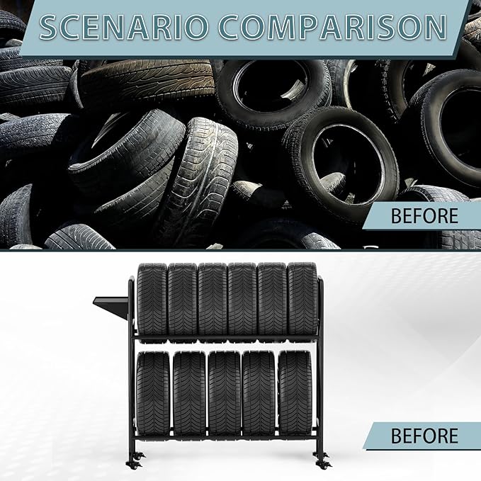 Heavy-Duty Tire Rack with Wheels, Garage Tire Storage Organizer, Adjustable Metal Straps & 4 Locking Casters, Holds Up to 660 lbs, for Car Tires Storage Organization