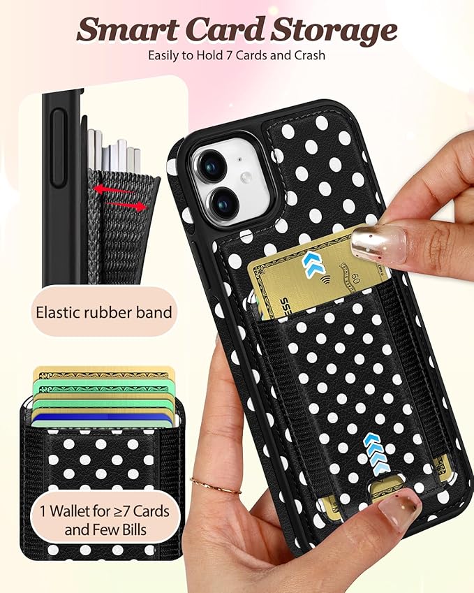 Shorogyt for iPhone 11 Wallet Case - Fits 5 Cards, Compatible with Magsafe Detachable Magnetic Credit Card Holder Leather Cardholder Cute Phone Cover Women Girls for Apple 11, Polka Dots