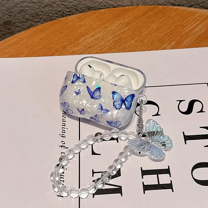 for Airpod Pro 3 Case 2025 Cute White Marble TPU Protective Cover with Keychain Compatible with AirPods Pro 3rd Generation Case for Girls Women (Bluish-Purple Butterfly)