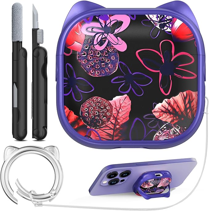 RFUNGUANGO AirPods 4 Case for Women Girly Cat Case with Lock, Phone Stand, Keychain & Cleaner Kit, Compatible with Apple Airpods 4th Generation Case Cover, Purple Lotus