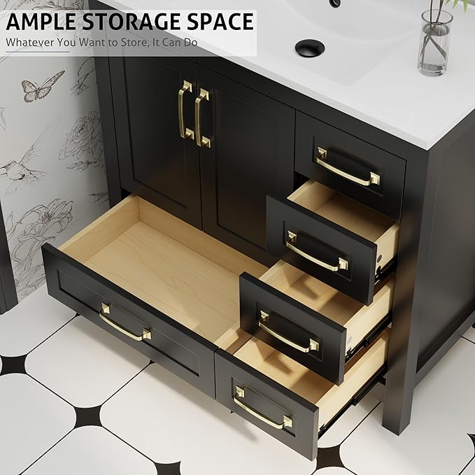 eclife 36" Bathroom Vanities with Sink Combo, Modern Thickened Wood Bathroom Storage Cabinet w/Undermount Sink, Matte Black Faucet Drain, Painted Surface, Black
